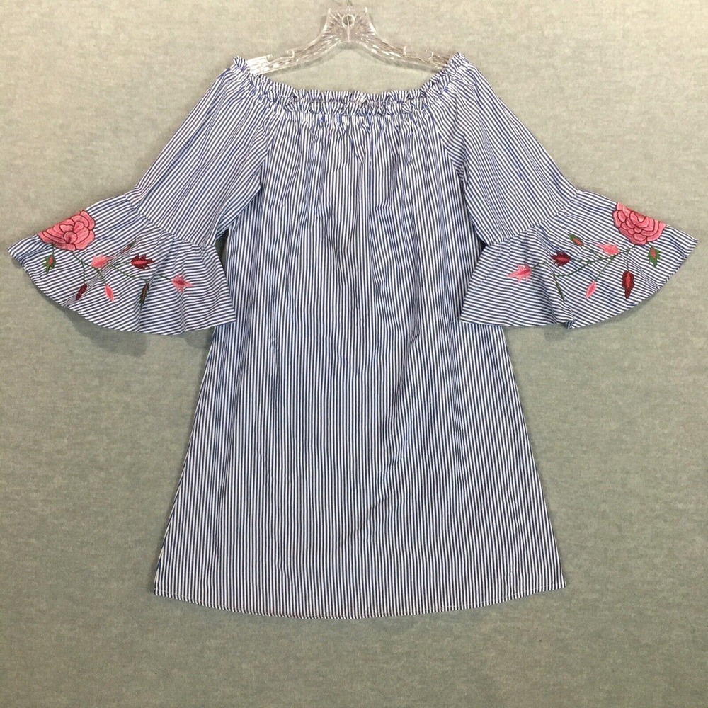 Speed Control M Off Shoulder Shift Dress 3/4 Bell Sleeve Blue Striped Pink Roses